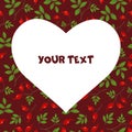 A square card with rose hip on red background and heart-shaped frame in the center. Royalty Free Stock Photo